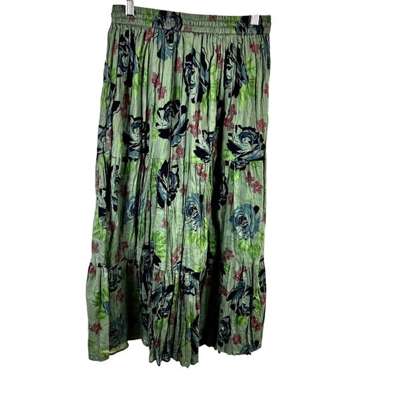 Silver Stream One Size Summer Elastic Band 100% Cotton Green Floral Maxi Skirt - Picture 1 of 10